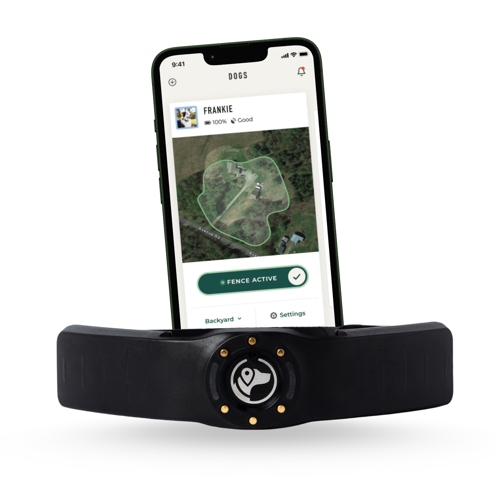 SpotOn NOVA collar with phone showing GPS fence boundary